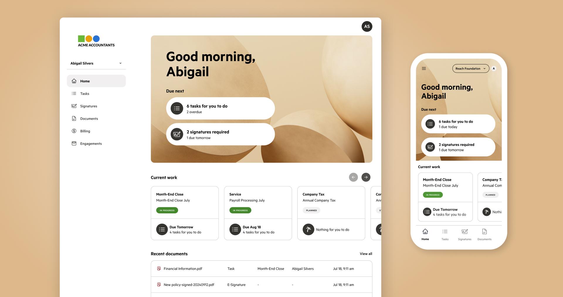 Desktop and mobile views of the Karbon for Clients client portal displaying tasks, signatures, and current work items for Abigail Silvers.