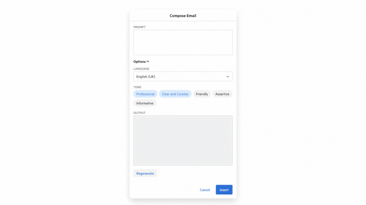 The Karbon AI email composer quickly generates an email. 