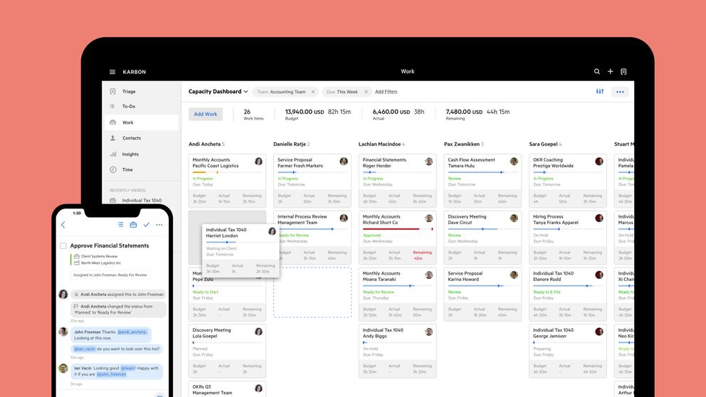 A coral pink background, with a laptop and iPhone screen that both display areas of the Karbon app.