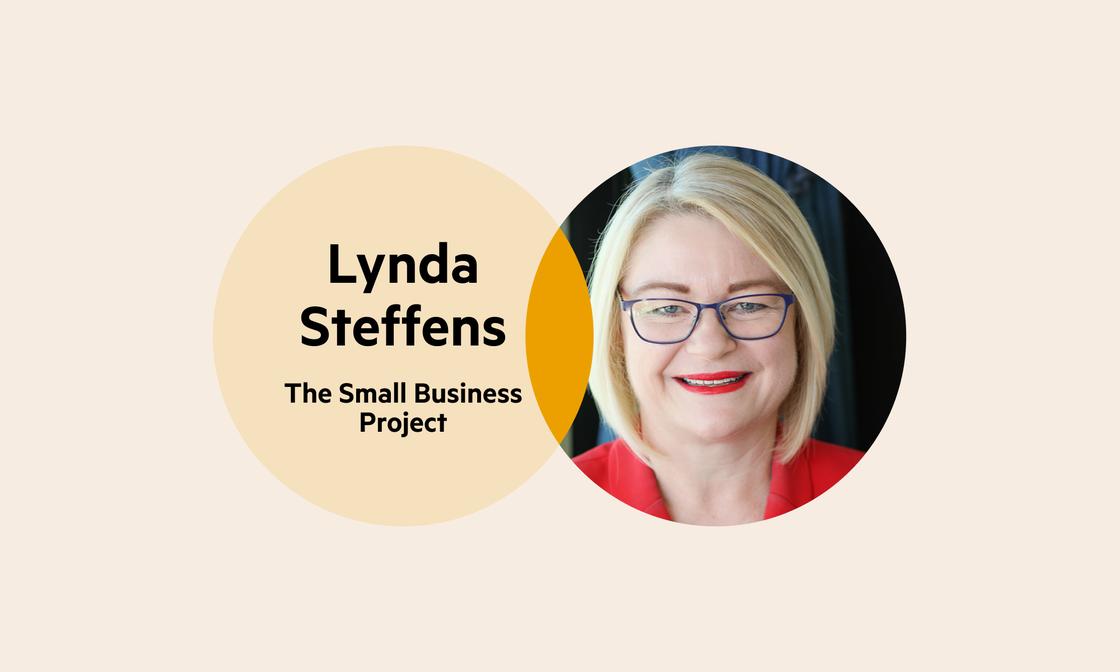 A Venn diagram: the left circle has the words 'Lynda Steffens, The Small Business Project', and the right circle is Lynda's headshot.