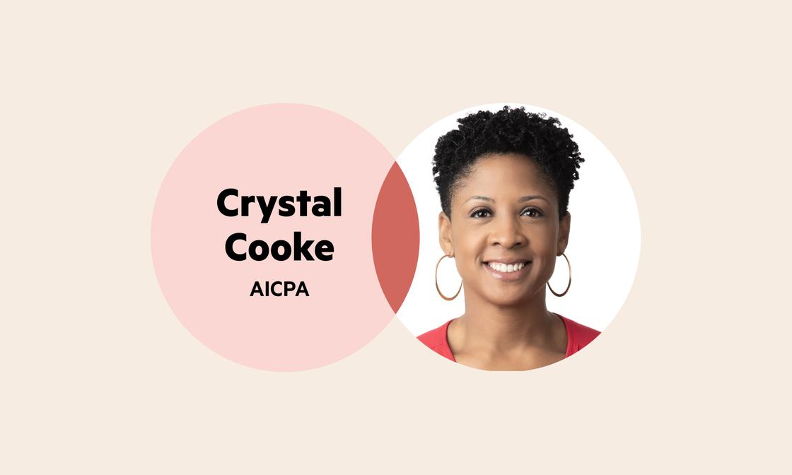 A Venn diagram. The left circle is pink with the words 'Crystal Cooke AICPA', and the right circle is Crystal's headshot (she has short, dark hair and is wearing gold hoop earrings and a red top).