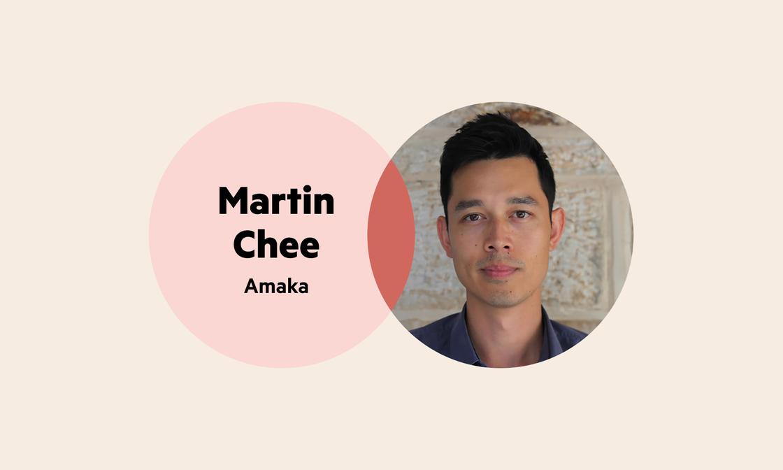 A Venn diagram. The left circle is pale pink with the words 'Martin Chee, Amaka', and the right circle is Martin's headshot. He has short black hair and is wearing a gray collared shirt.