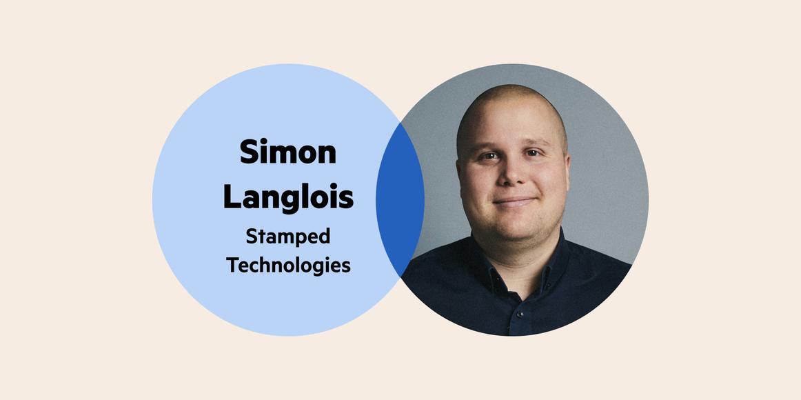 A Venn diagram. The left circle has the words 'Simon Langlois, Stamped Technologies', and the right circle is Simon's headshot. He has a buzzcut, is clean shaven and is wearing a dark collared shirt.