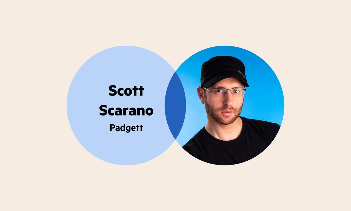 A Venn diagram: in the left circle are the words 'Scott Scarano Padgett' and in the right circle is Scott's headshot, where he's wearing glasses and a black cap and shirt.