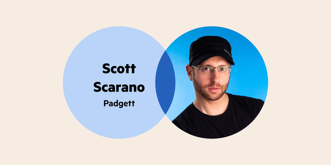 A Venn diagram: in the left circle are the words 'Scott Scarano Padgett' and in the right circle is Scott's headshot, where he's wearing glasses and a black cap and shirt.
