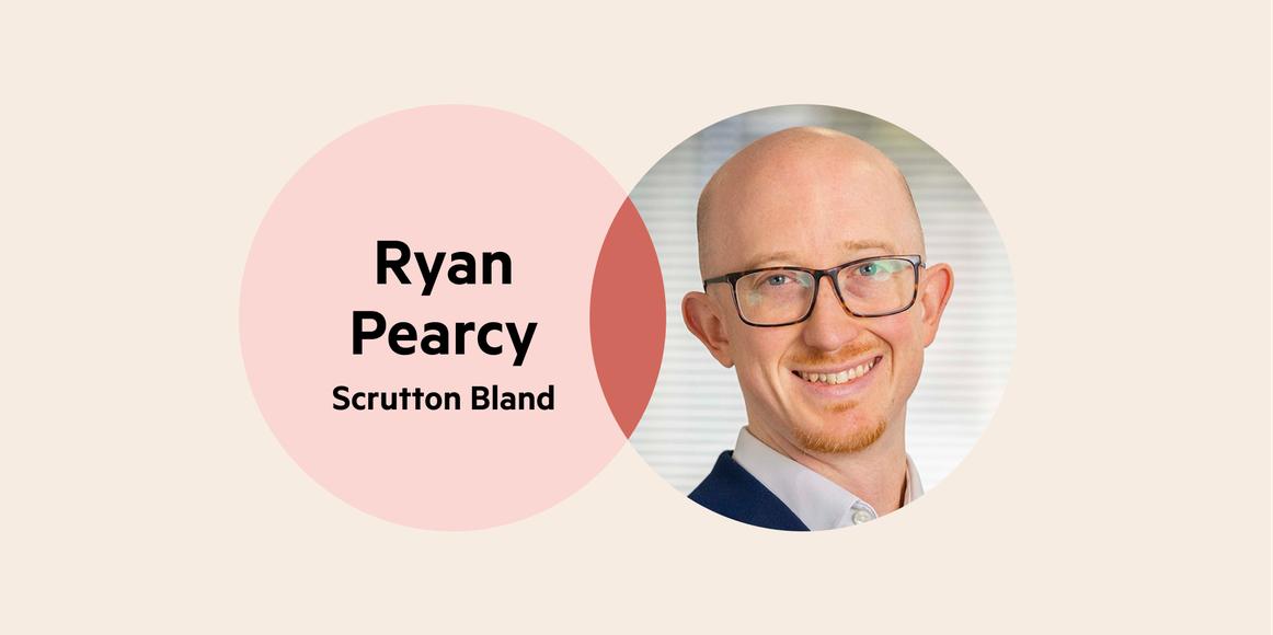 A Venn Diagram: the left circle is pale pink with the words 'Ryan Pearcy, Scrutton Bland', the right circle is Ryan's headshot, and where the circles cross over is deep pink.
