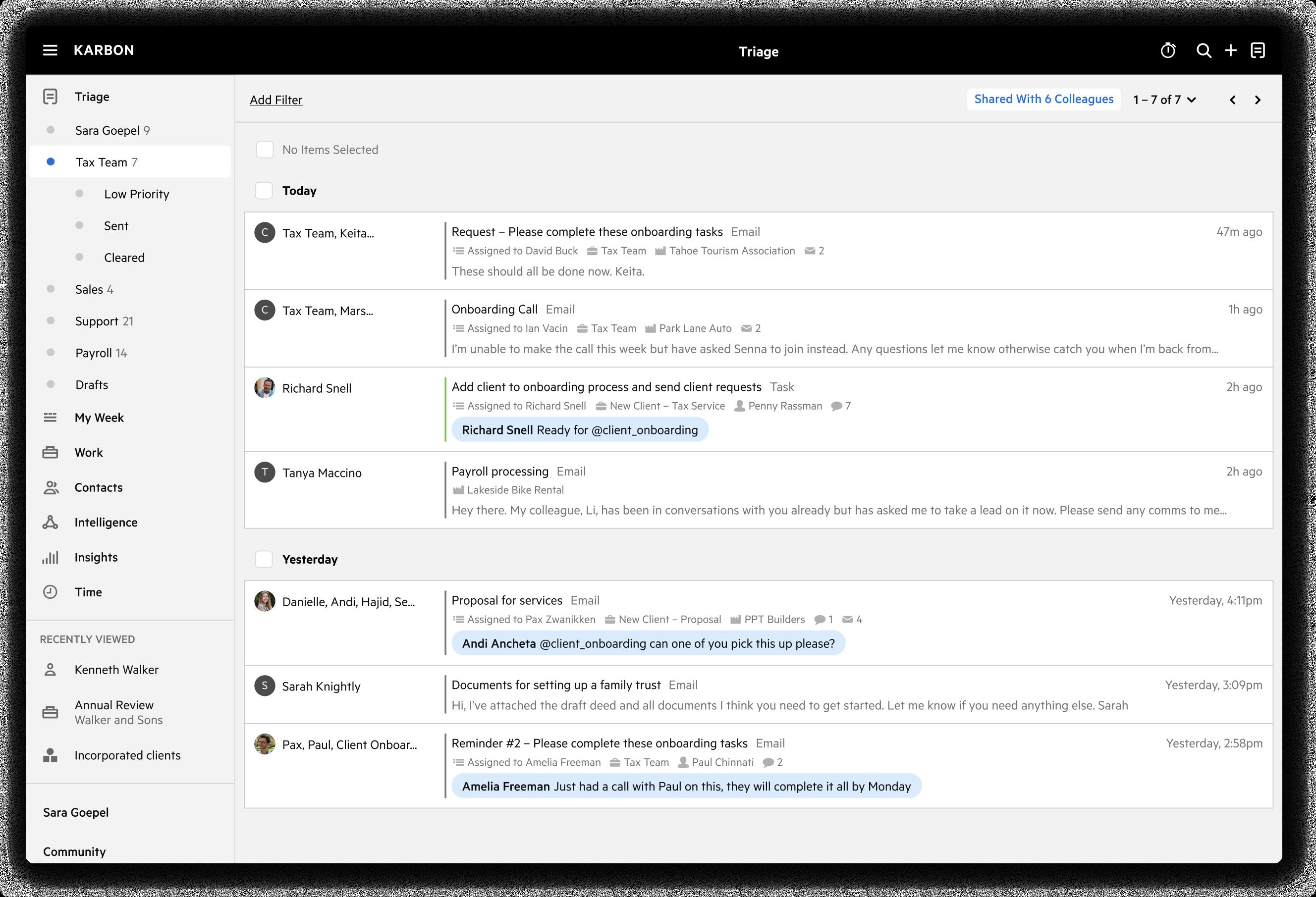 This image shows a screenshot of the Karbon software interface displaying shared inboxes in a triage view.