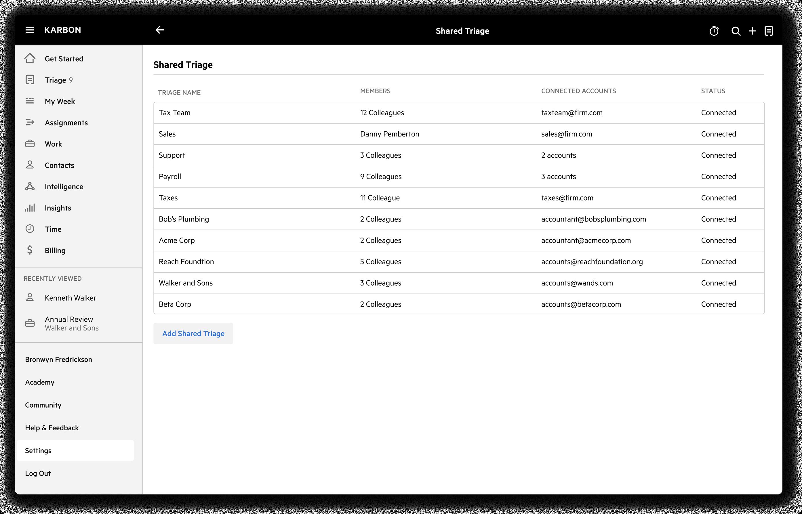 This image shows the setting configurations of Karbon's Shared Triage feature