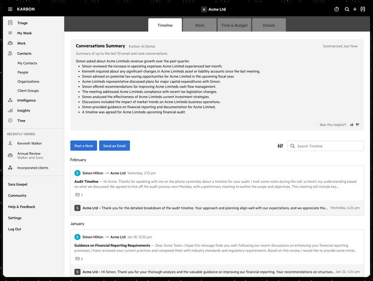 Karbon AI summarizing the most recent conversations on client timelines.