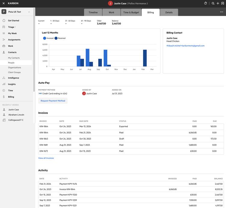 An image that shows the details of the billing tab under client contacts in Karbon