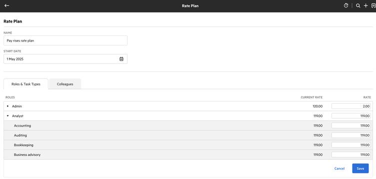 A Karbon product image demonstrating how firms can bulk update their billable rates