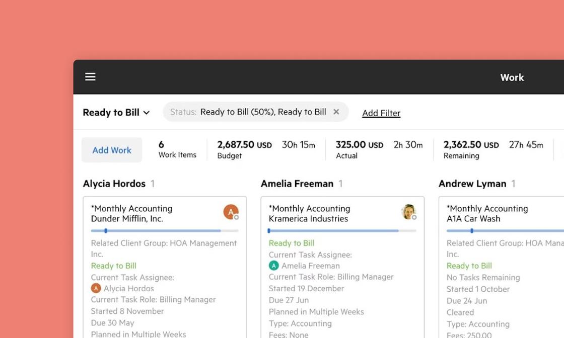 A digital dashboard showing a "Work" section with "Ready to Bill" status, financial metrics, and multiple client project cards.