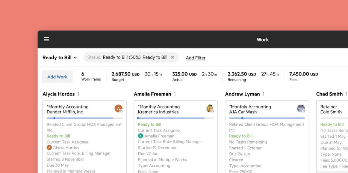 A digital dashboard showing a "Work" section with "Ready to Bill" status, financial metrics, and multiple client project cards.