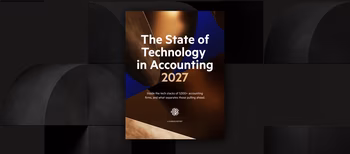 Cover of "The State of Technology in Accounting 2027" report with a metallic gold and blue design against a dark, abstract background.
