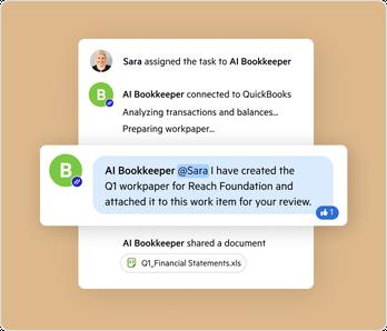 Stylized in-app notifications showing the interaction between a Karbon employee and an AI Bookkeeper bot.