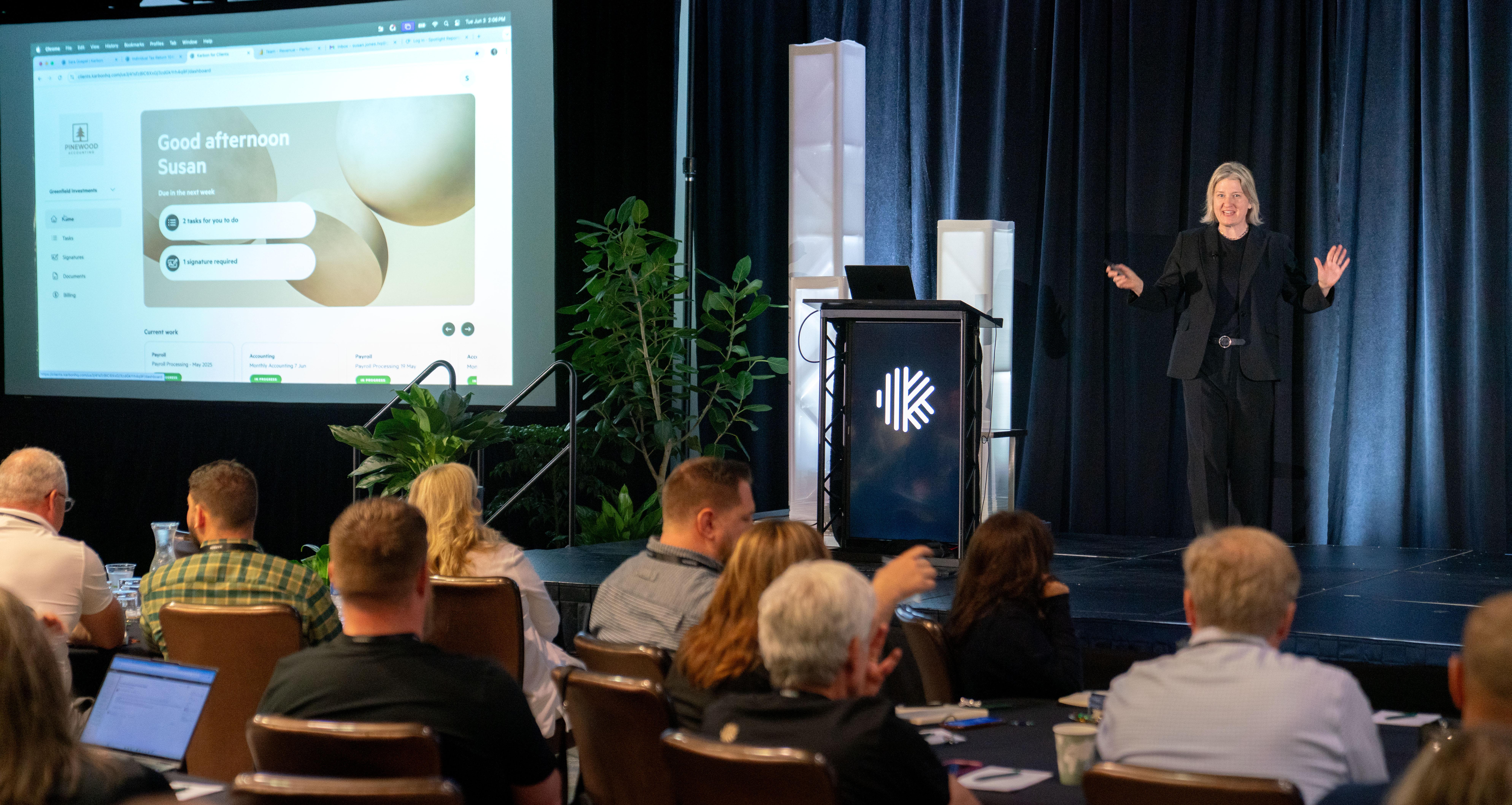 Sara Goepel at the Karbon product roadmap reveal at Karbon Next 2025