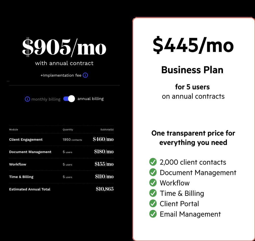 Two cards comparing Canopy's features and pricing to Karbon's.