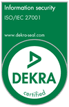 DEKRA certification badge for ISO/IEC 27001 information security, featuring the DEKRA logo and website.