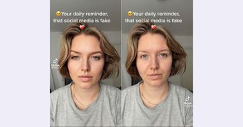 before and after of woman who is using the tiktok bold glamour filter