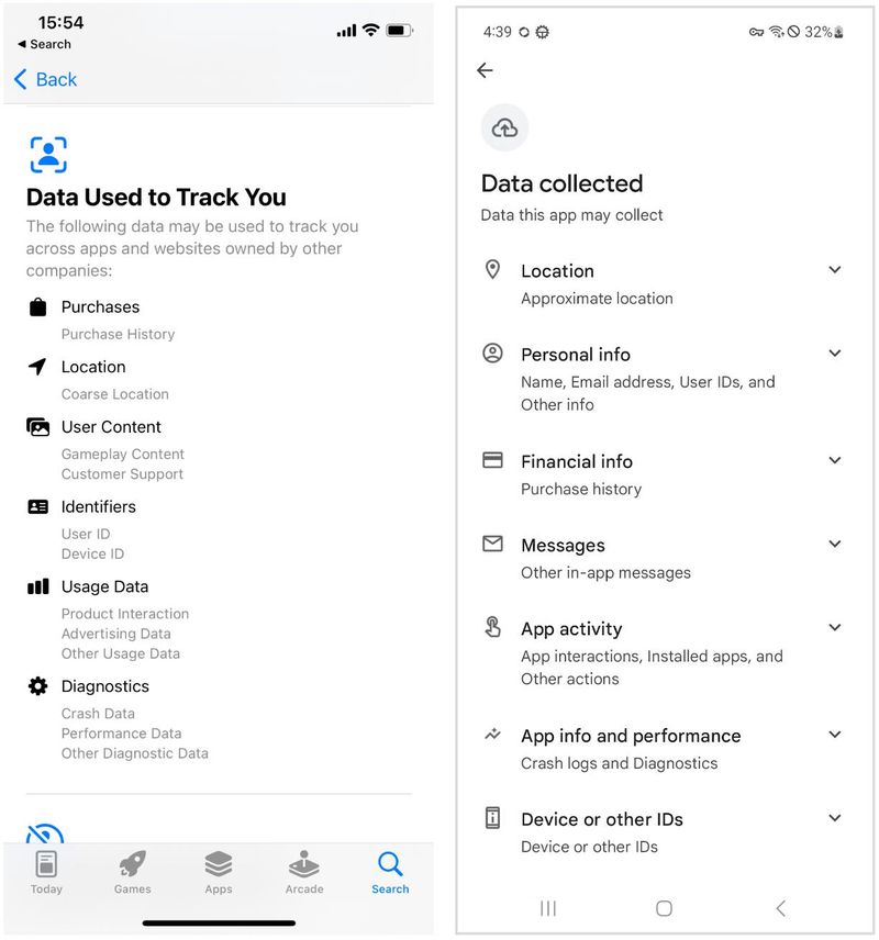 Screenshots of Apple's App Store and Google's Play Store, showing a list of data that an app tracks of user