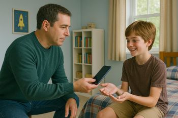 Father gives son his phone after he had cleaned his room