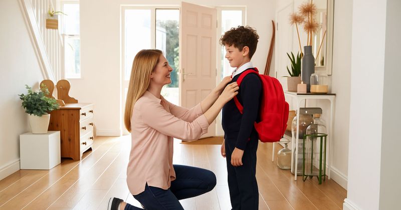 Une femme est agenouillée et ajuste le sac à dos rouge d’un garçon dans un couloir lumineux. Le garçon porte un uniforme scolaire et sourit.