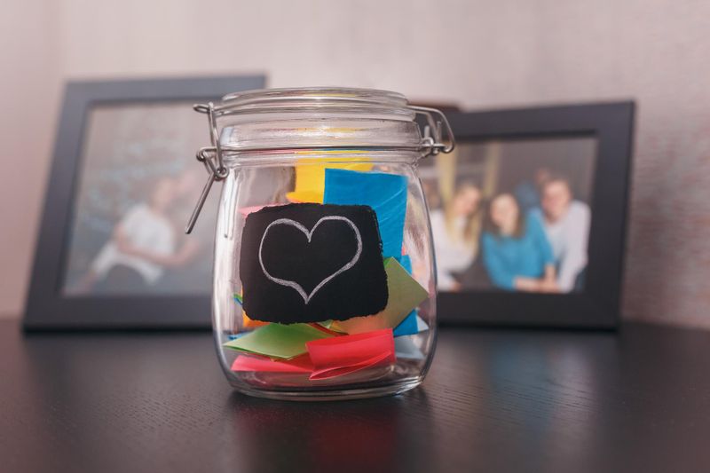 closed glas jar with stickers inside with a painted heart, family pictures in the back