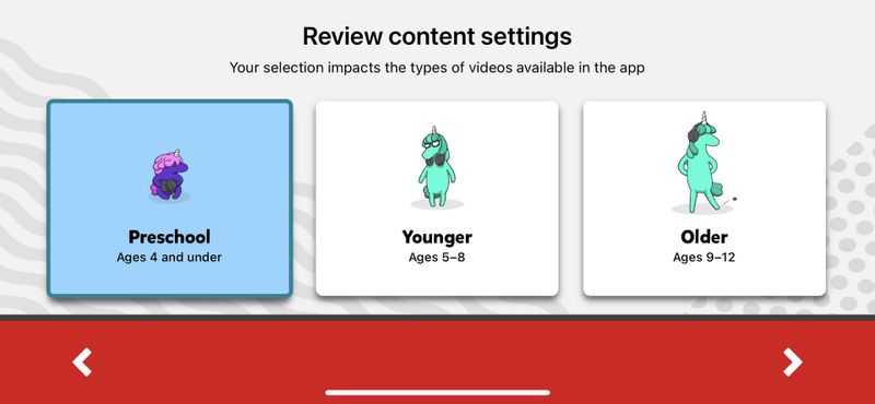 Screenshot of YouTube Kids, selecting the age group