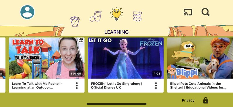 Screenshot of YouTube Kids, showing videos in the learning category
