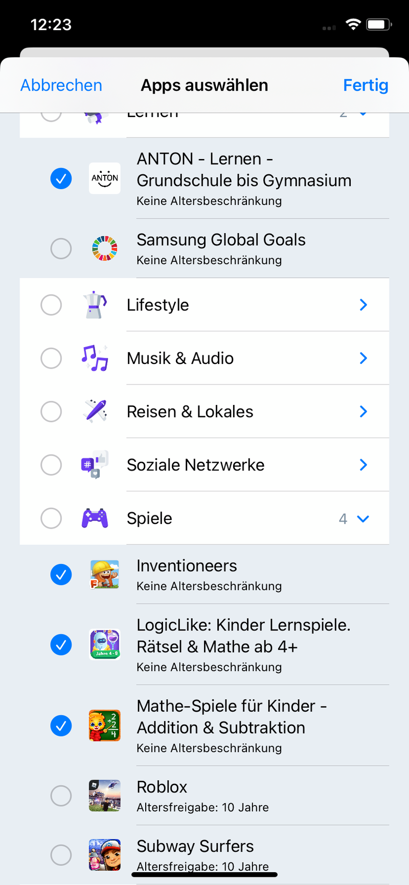 Bildschirmfoto von Ohana, die erlaubte Apps im Fokus Modus anzeigen