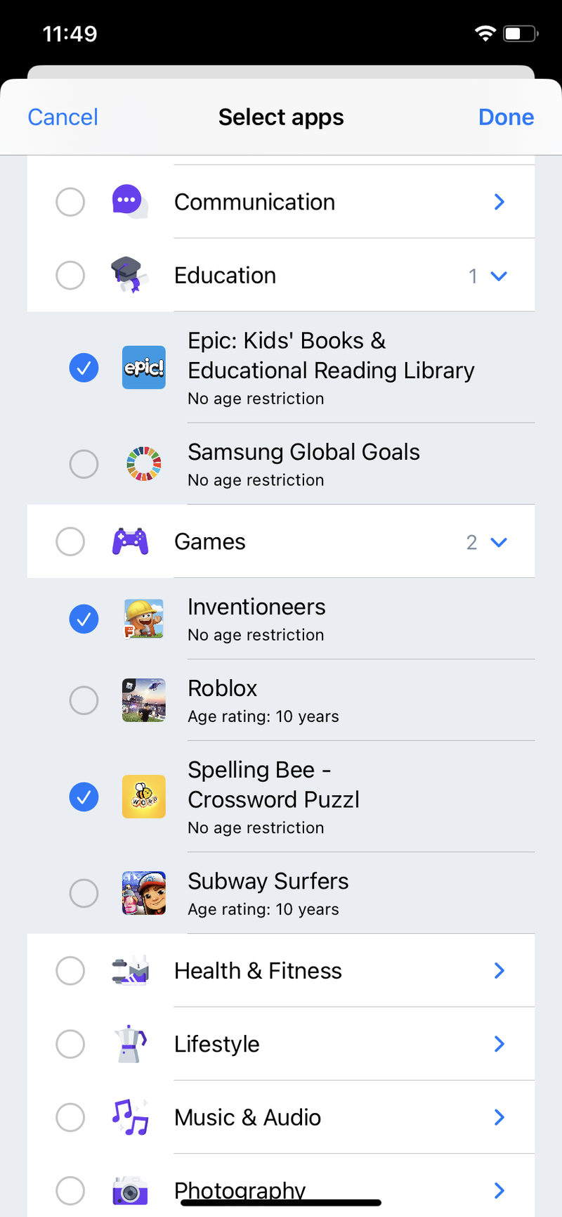 Screenshots of allowing app exceptions in Focus Mode
