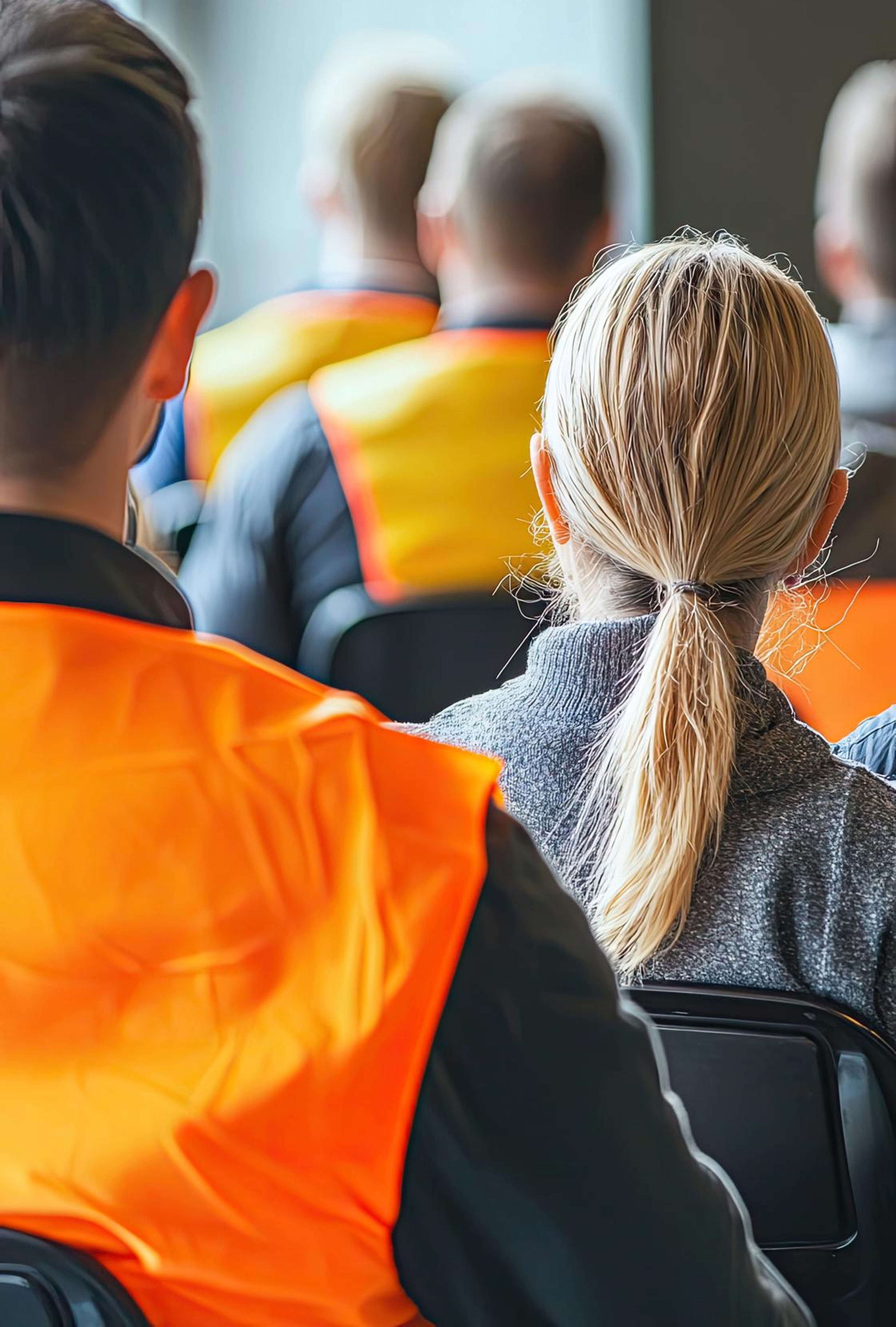 People seated, wearing orange and yellow safety vests, viewed from behind in a room setting.