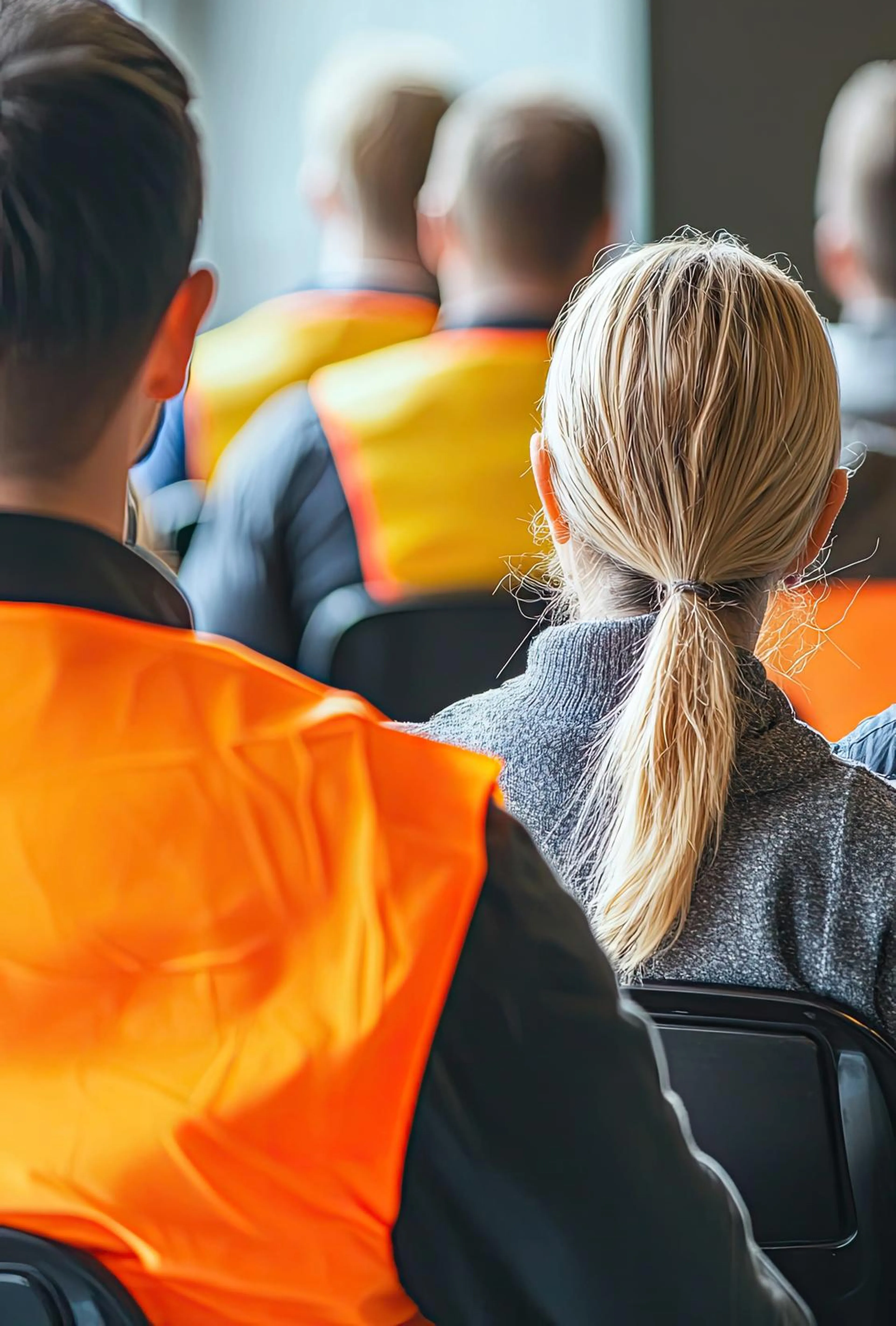 People seated, wearing orange and yellow safety vests, viewed from behind in a room setting.