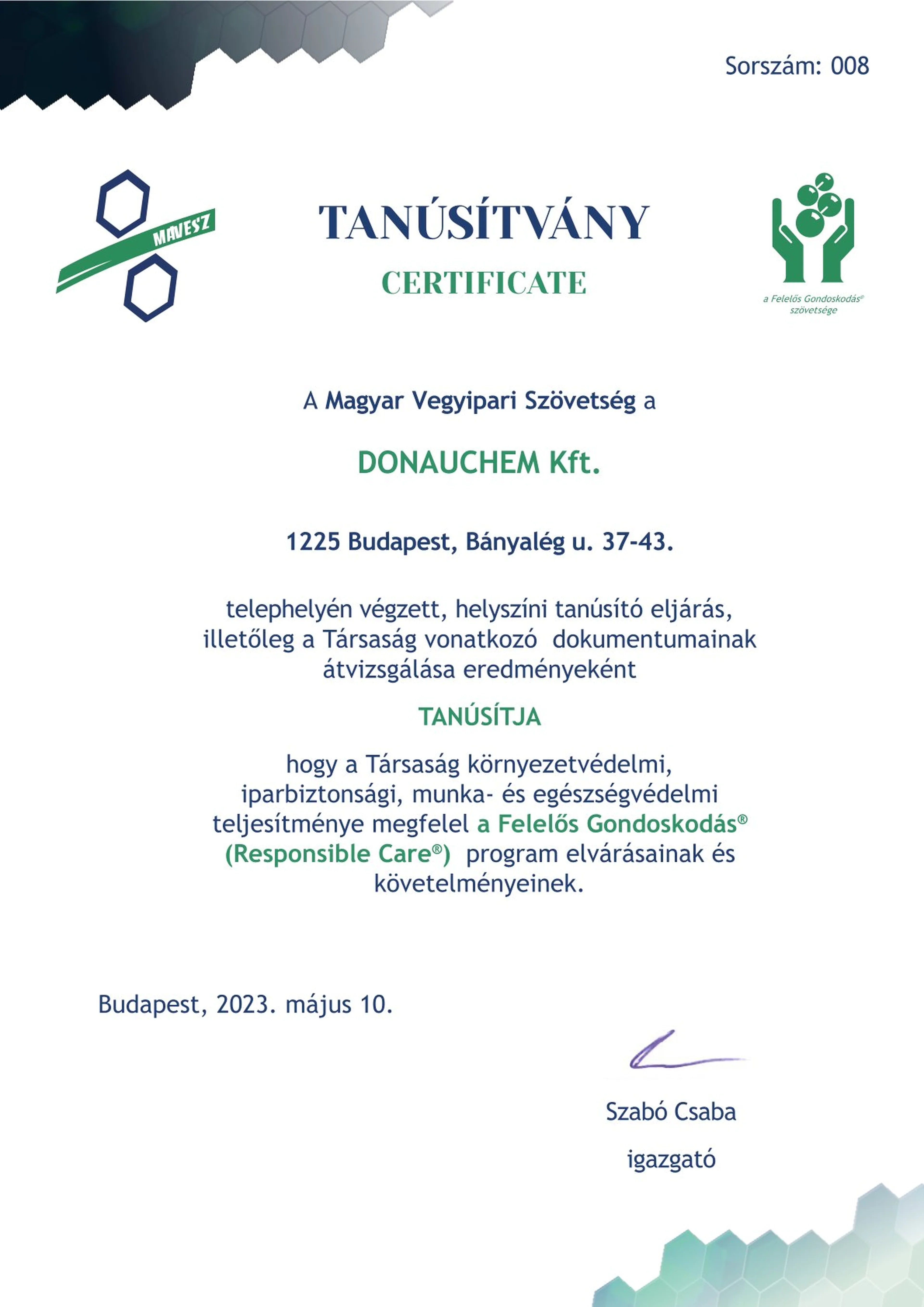 MAVESZ tanúsítvány képe