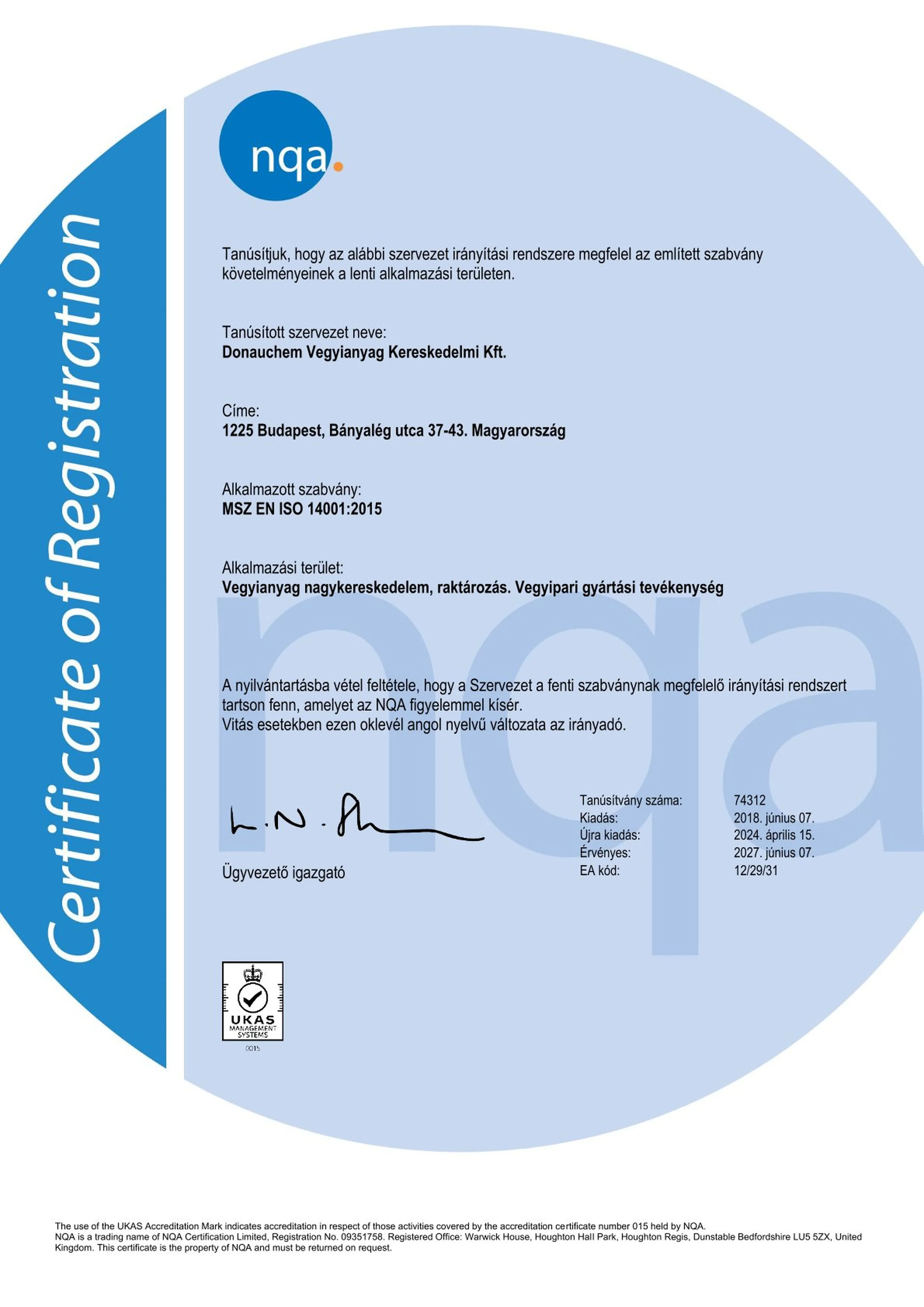 NQA MSZ EN ISO 14001 : 2015 tanúsítvány képe