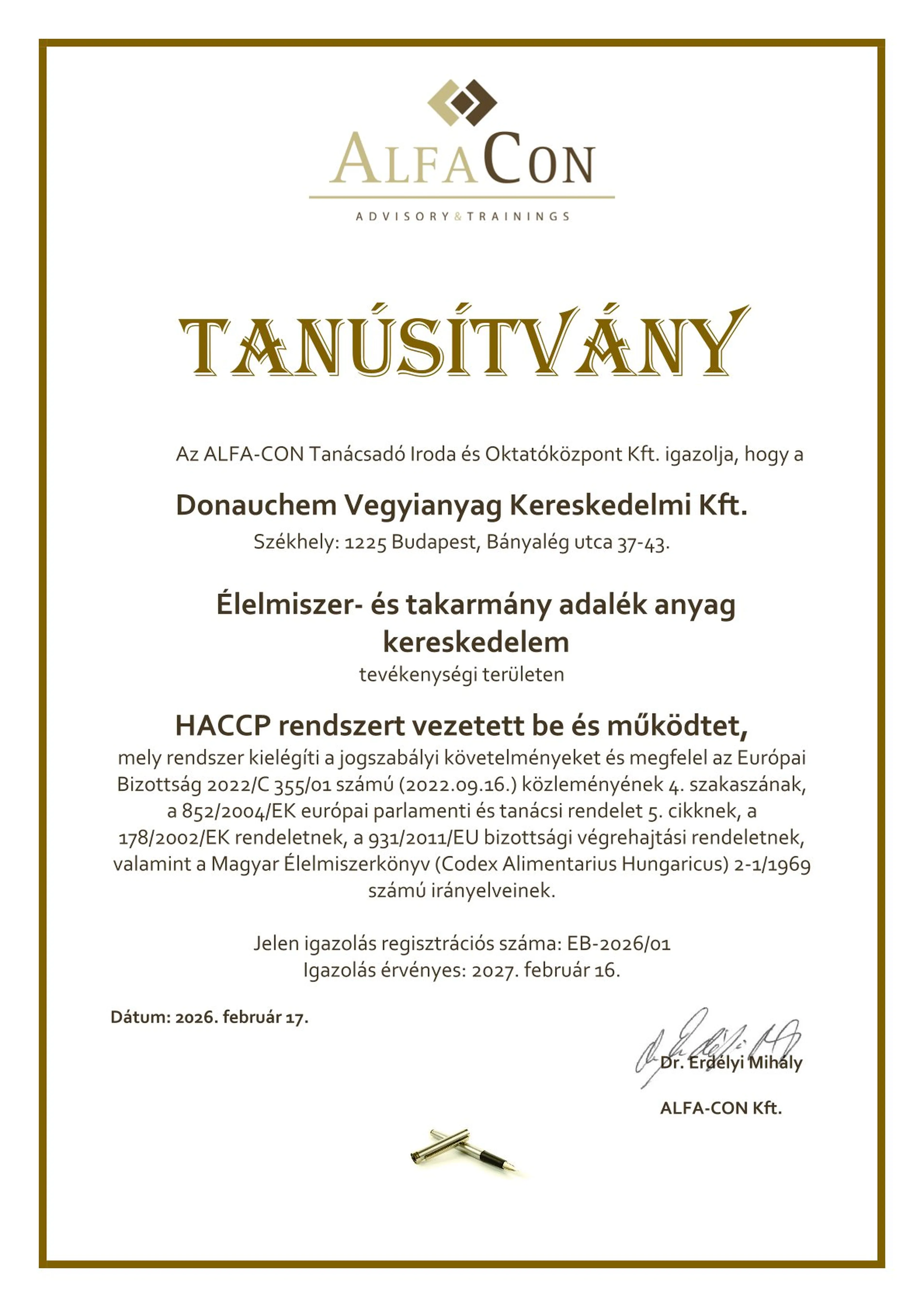 ALFACON tanúsítvány képe
