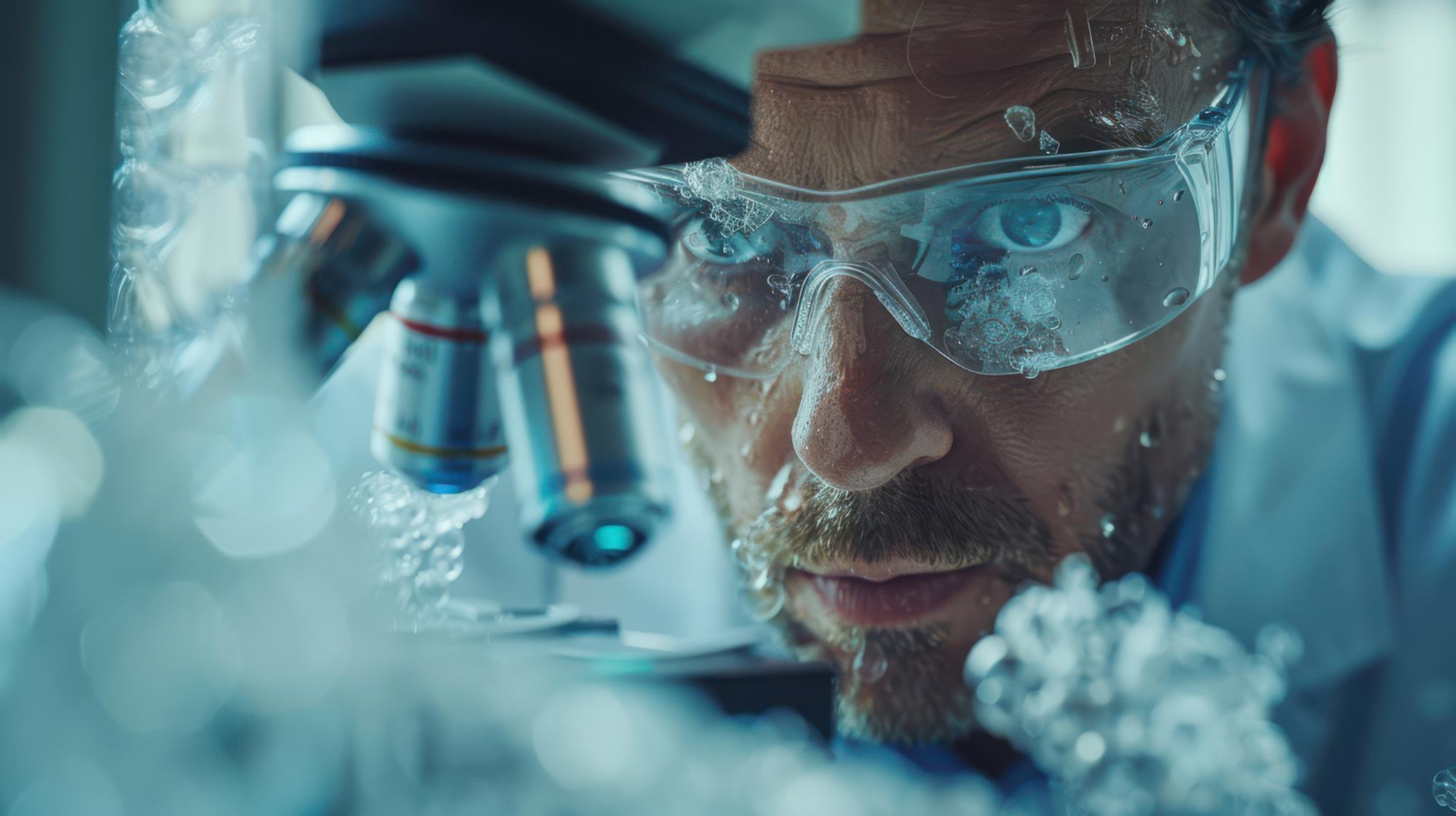 Scientist with goggles closely examines samples through a microscope, surrounded by clear ice crystals.