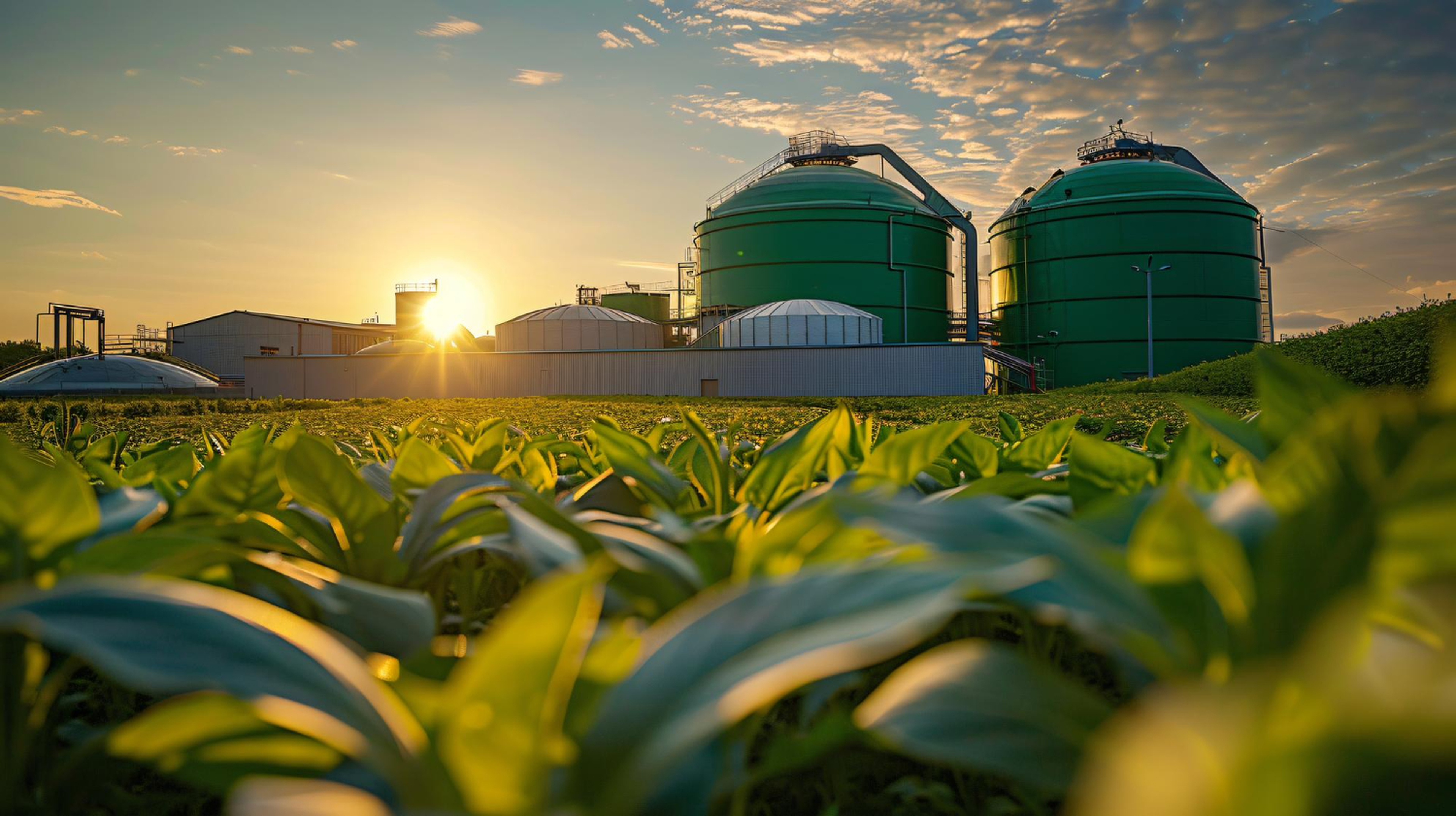 Green energy plant with large storage tanks at sunset, surrounded by lush green vegetation in the foreground under a partly cloudy sky.