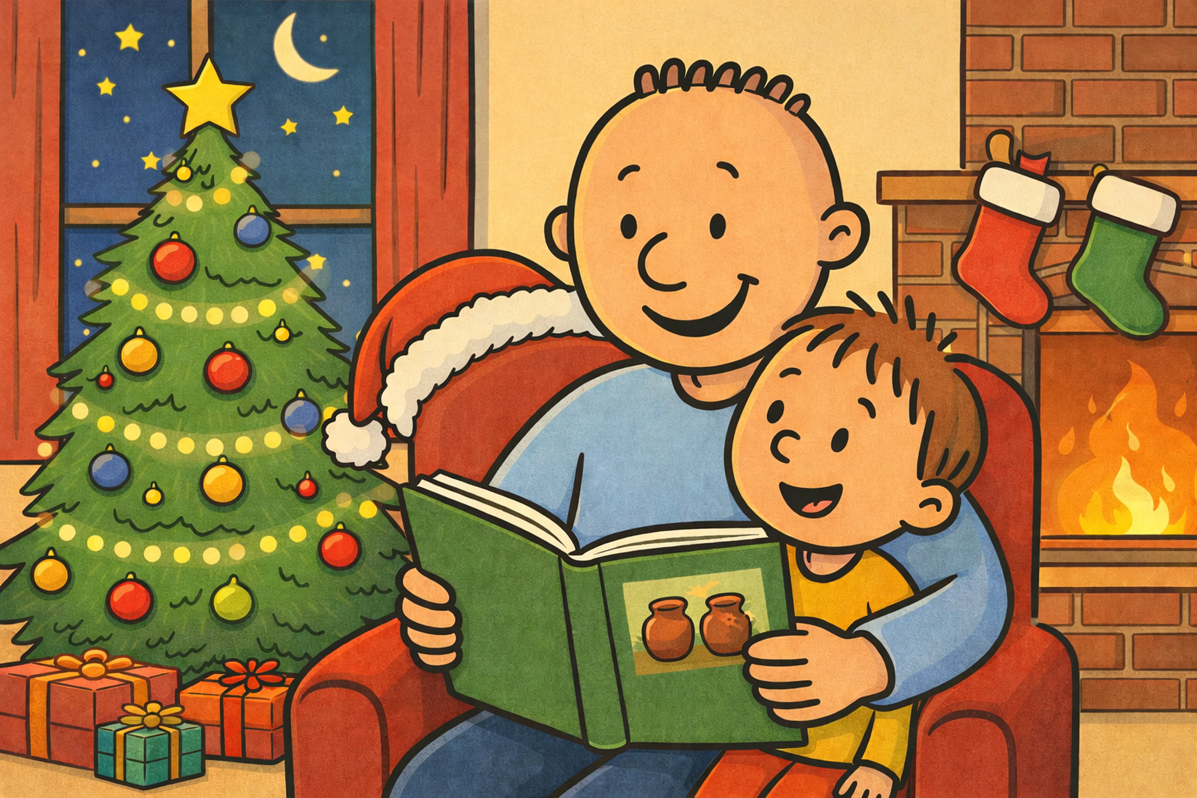 Felix and his dad are sitting in a Christmas setting and reading a book.