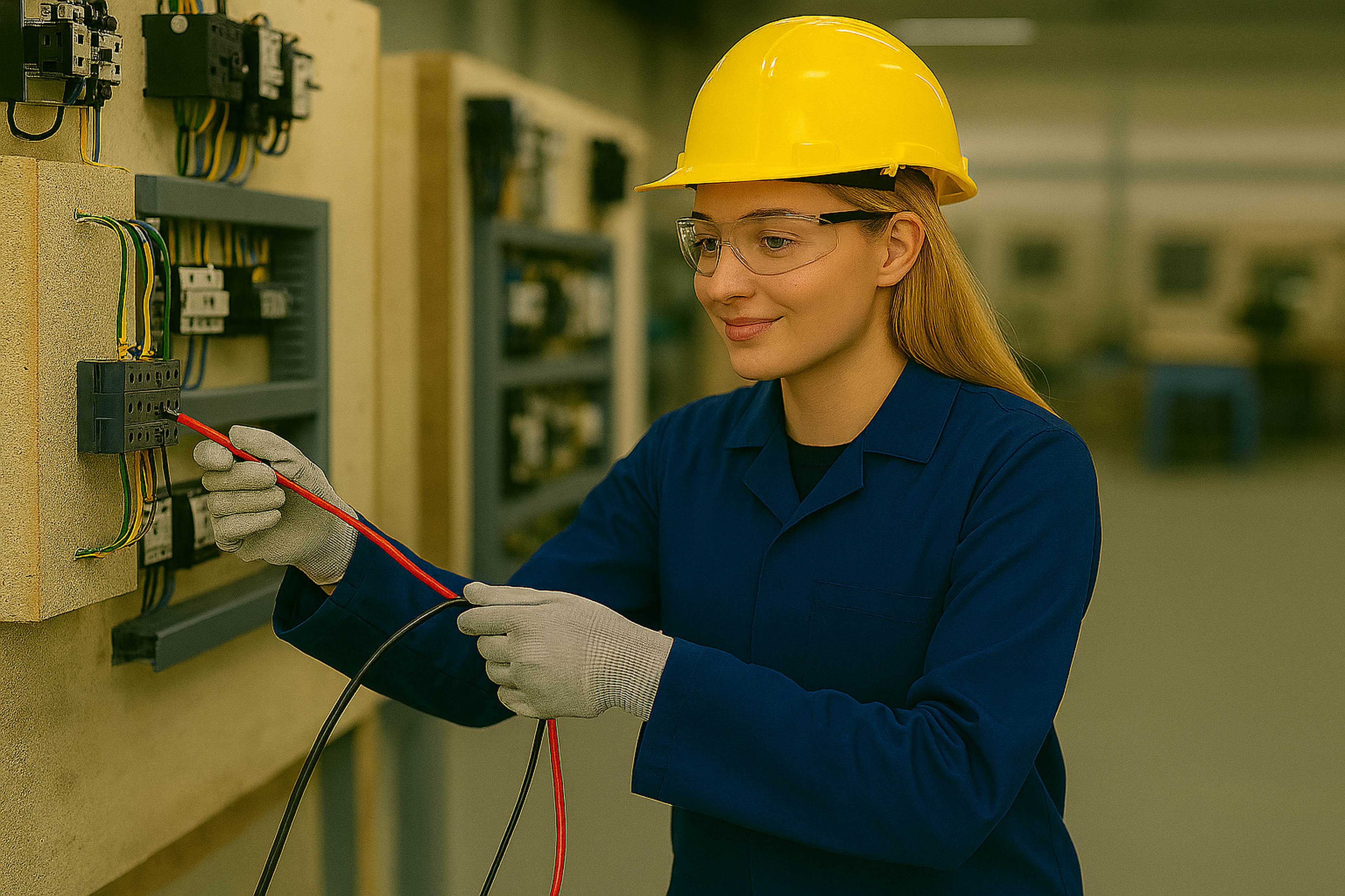 Lehrling_blauer_Anzug_weiblich_Elektrowerkstätte