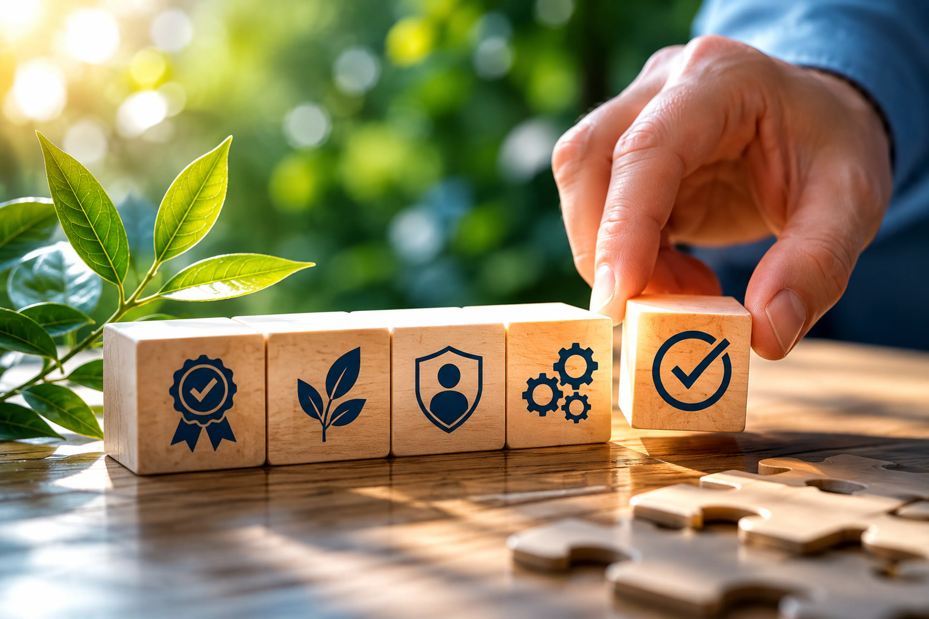 Hand arranging wooden blocks with icons of achievement, sustainability, security, efficiency, and quality check, beside a green plant.