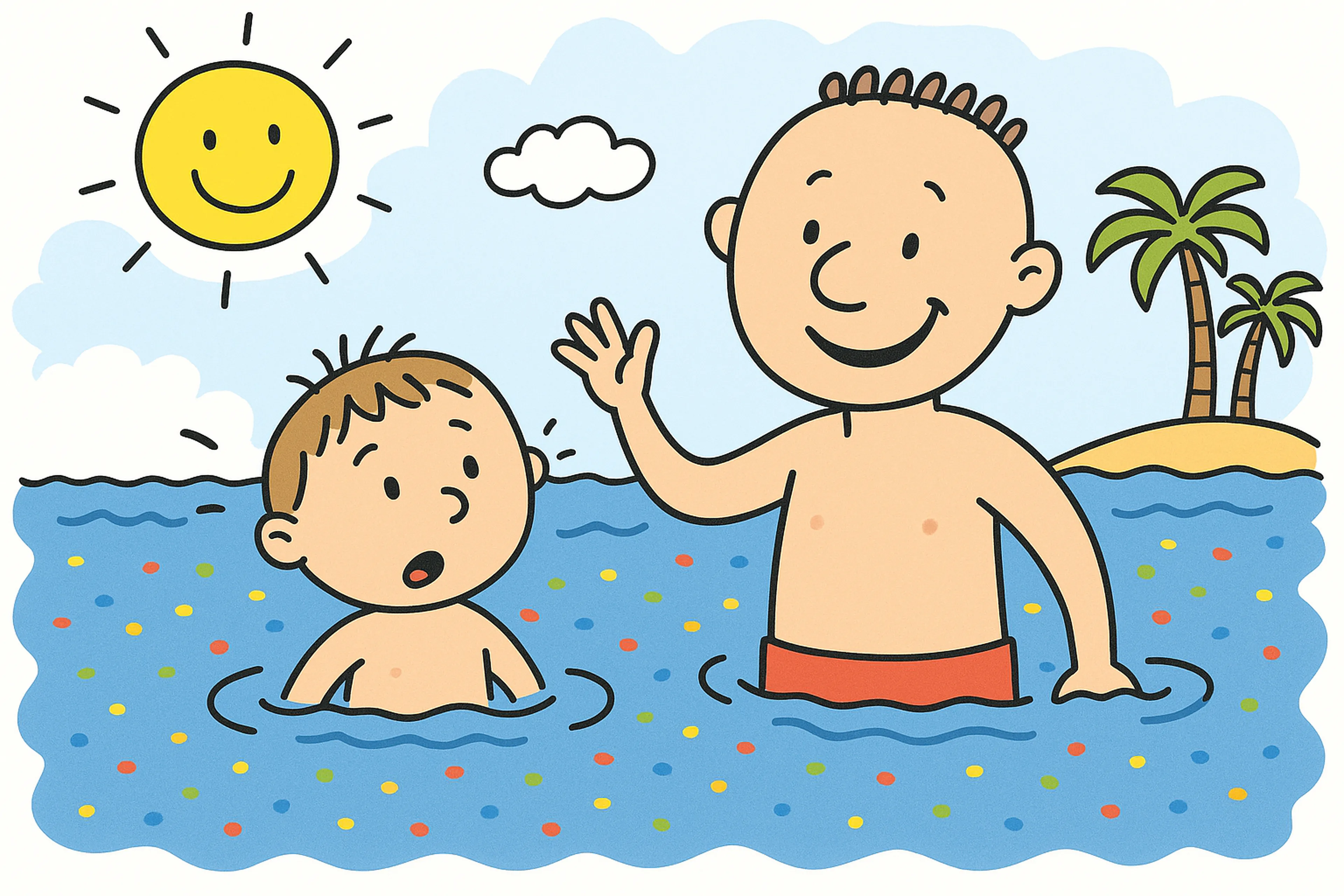 Zeichnung von einem Vater und seinem Sohn im Meer mit Mikroplastik
