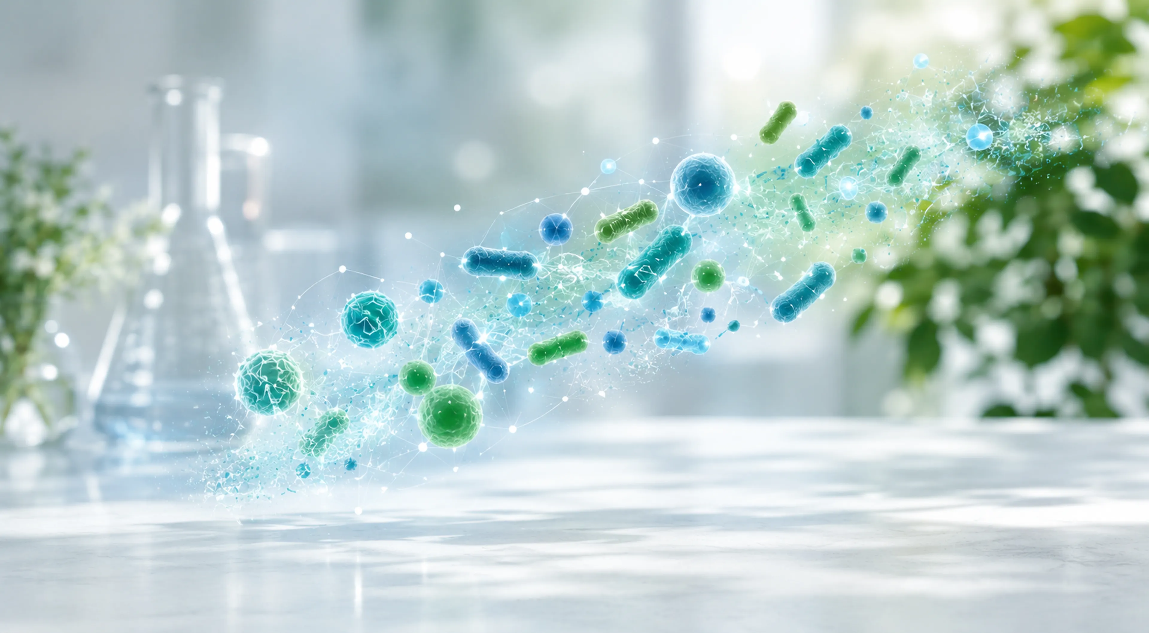 Floating blue and green microbes with a network of connections on a blurred laboratory background with beakers and plants.