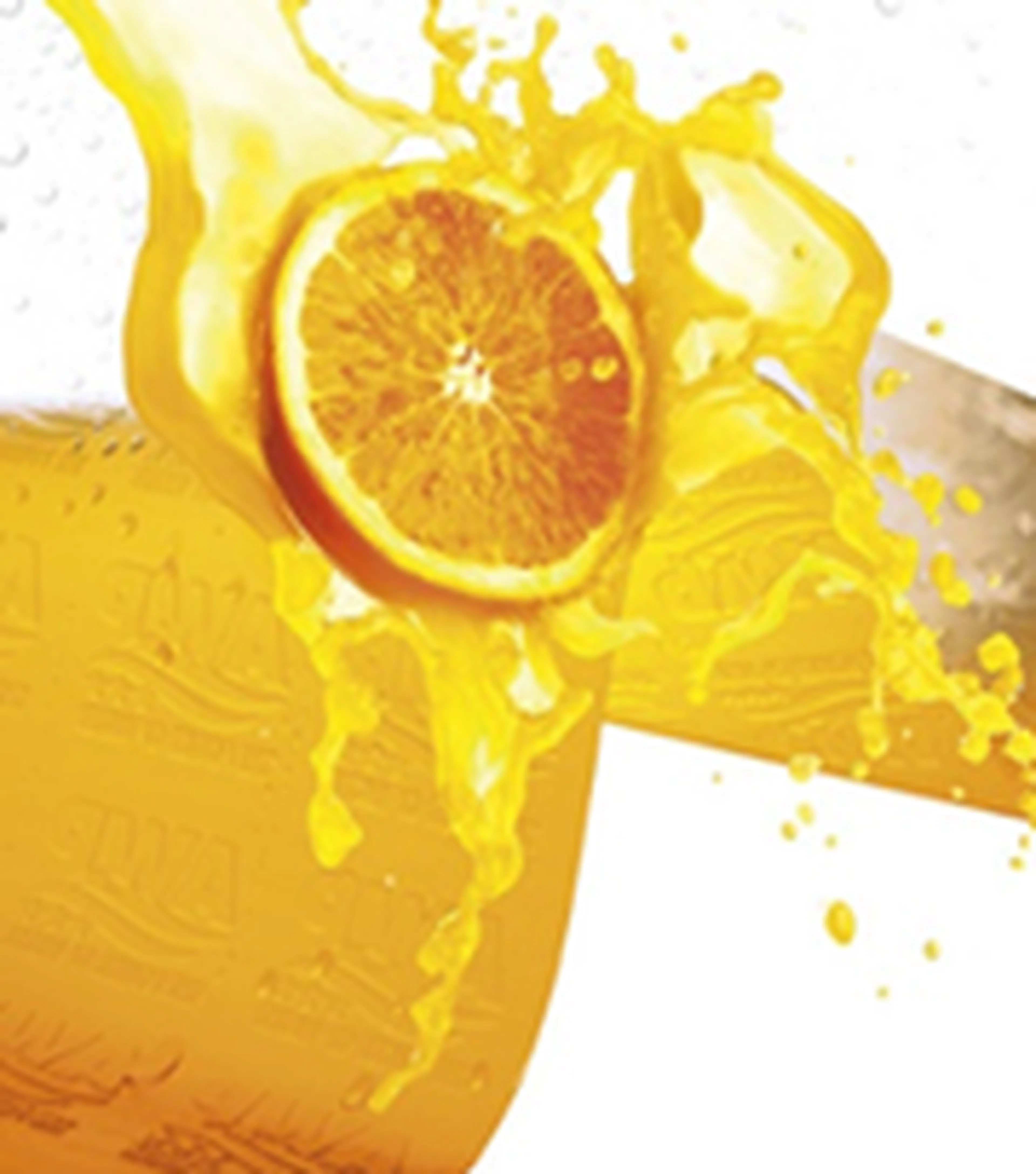 Bright orange juice splashing around a fresh orange slice, creating a dynamic and refreshing visual with droplets in the air.