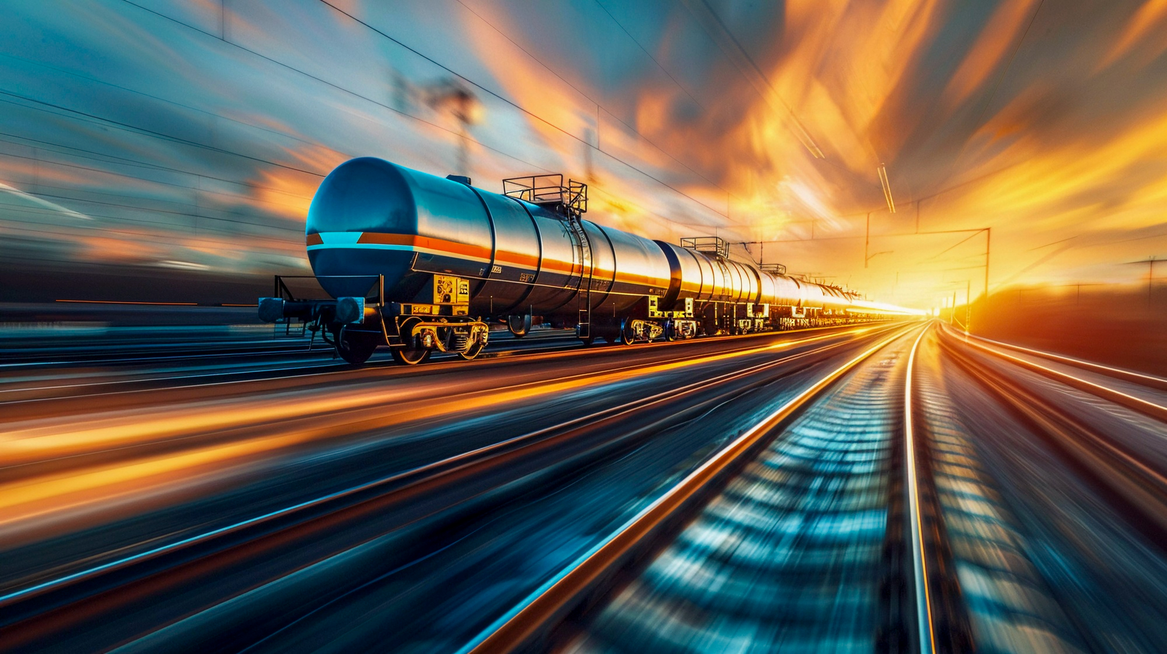 A train with cargo tanks speeds along tracks at sunset, creating a motion blur with vibrant colors in the sky and reflections on the rails.