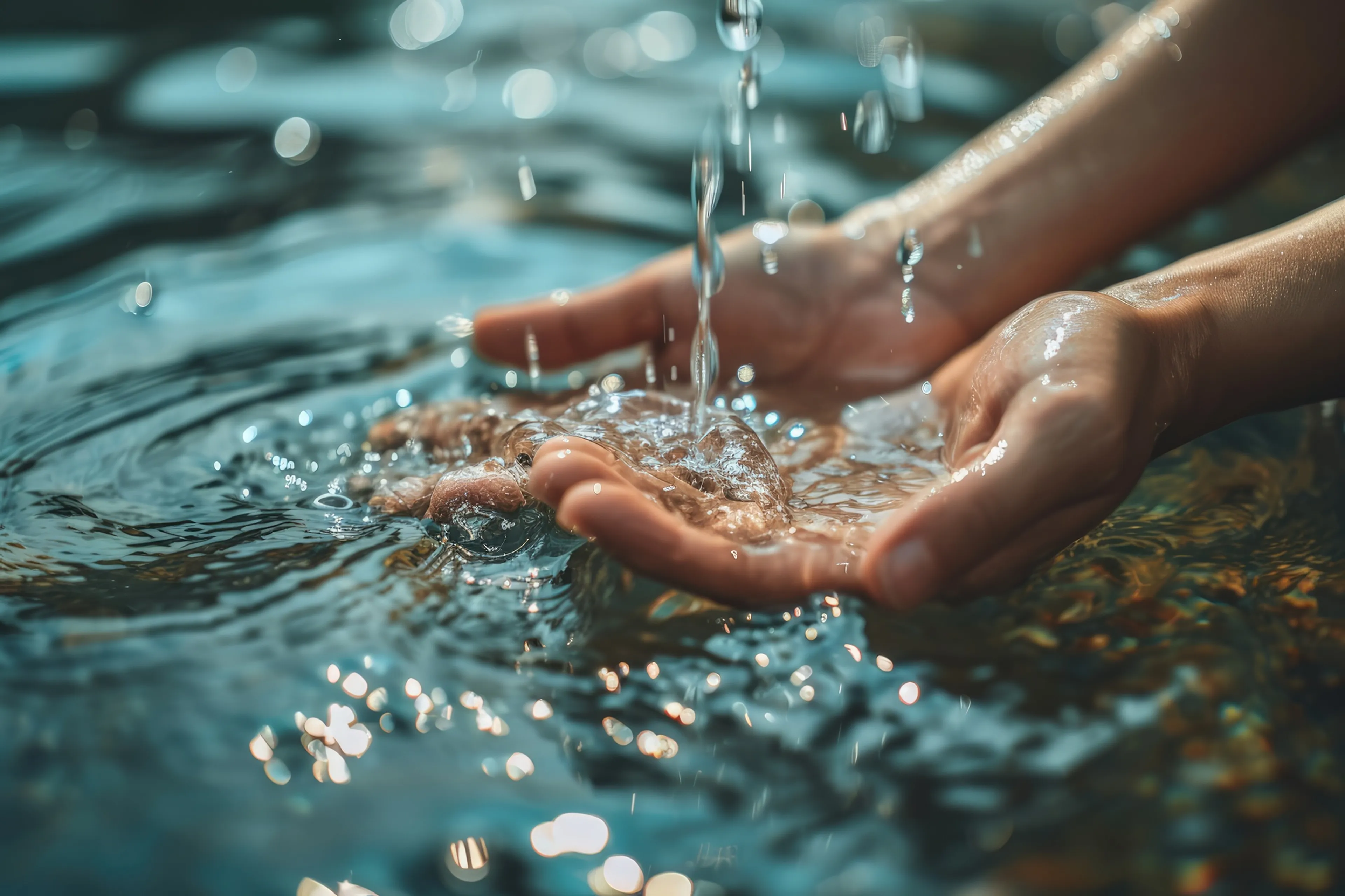 Hands cupping clear water with droplets falling, creating ripples and reflections in a sunny, natural setting.