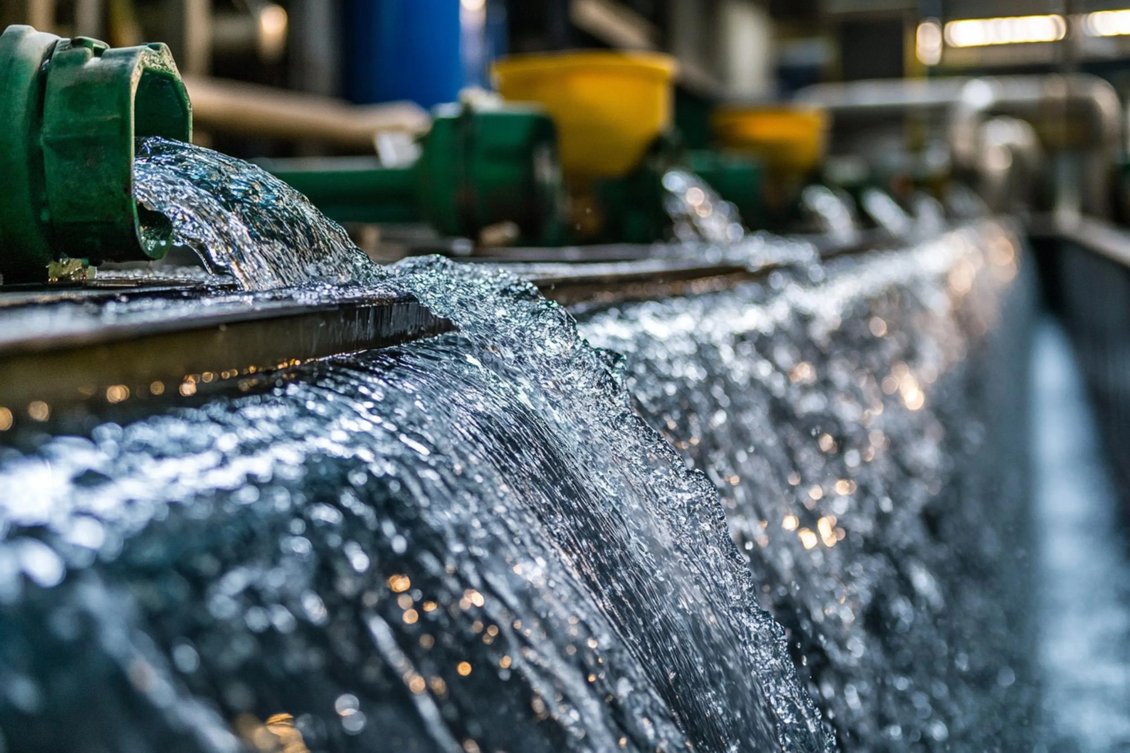 Water flowing from green spouts into a series of troughs inside an industrial facility, with pipes and machinery visible in the background.