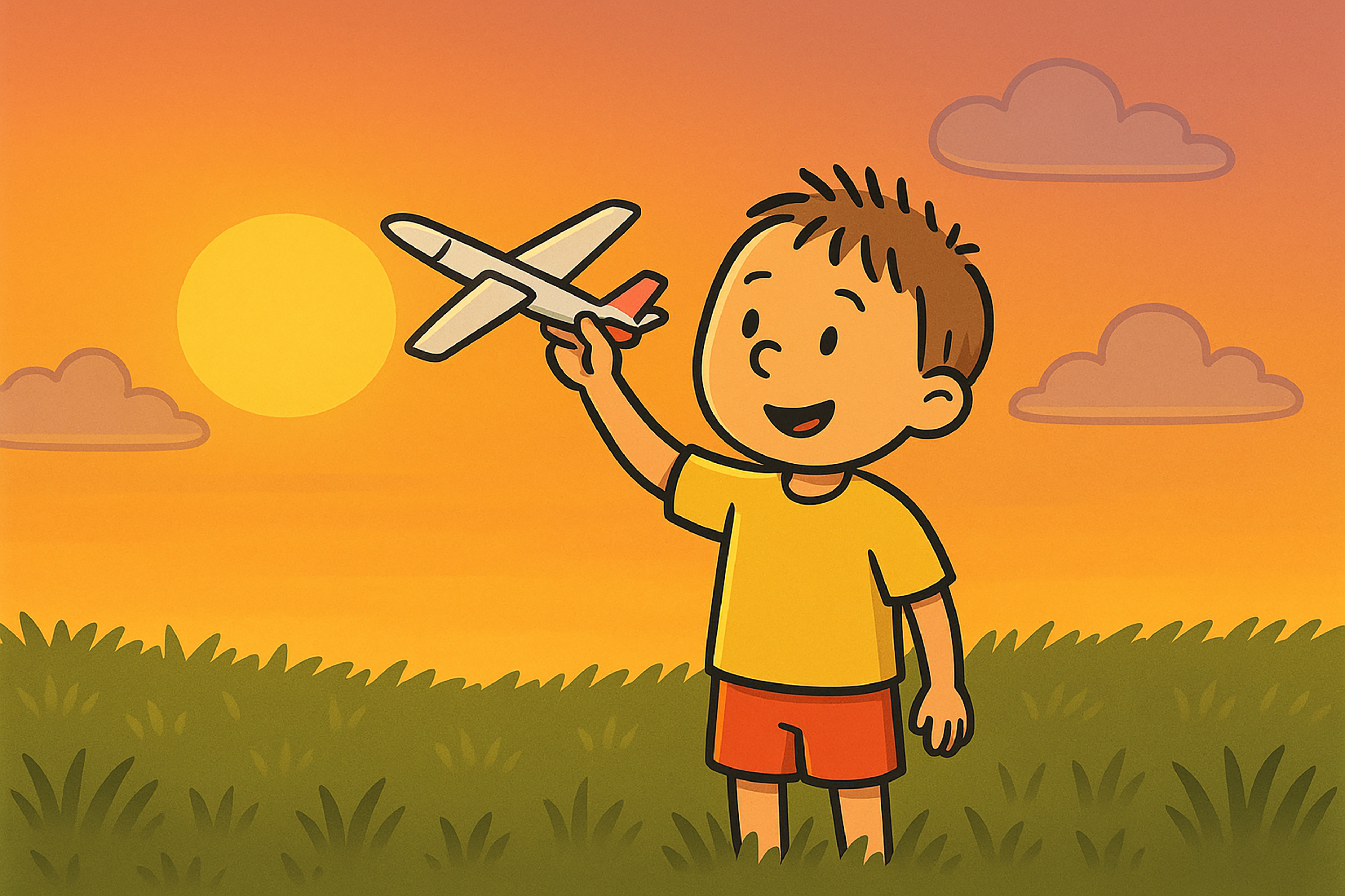 A little boy is playing in a meadow with a toy airplane
