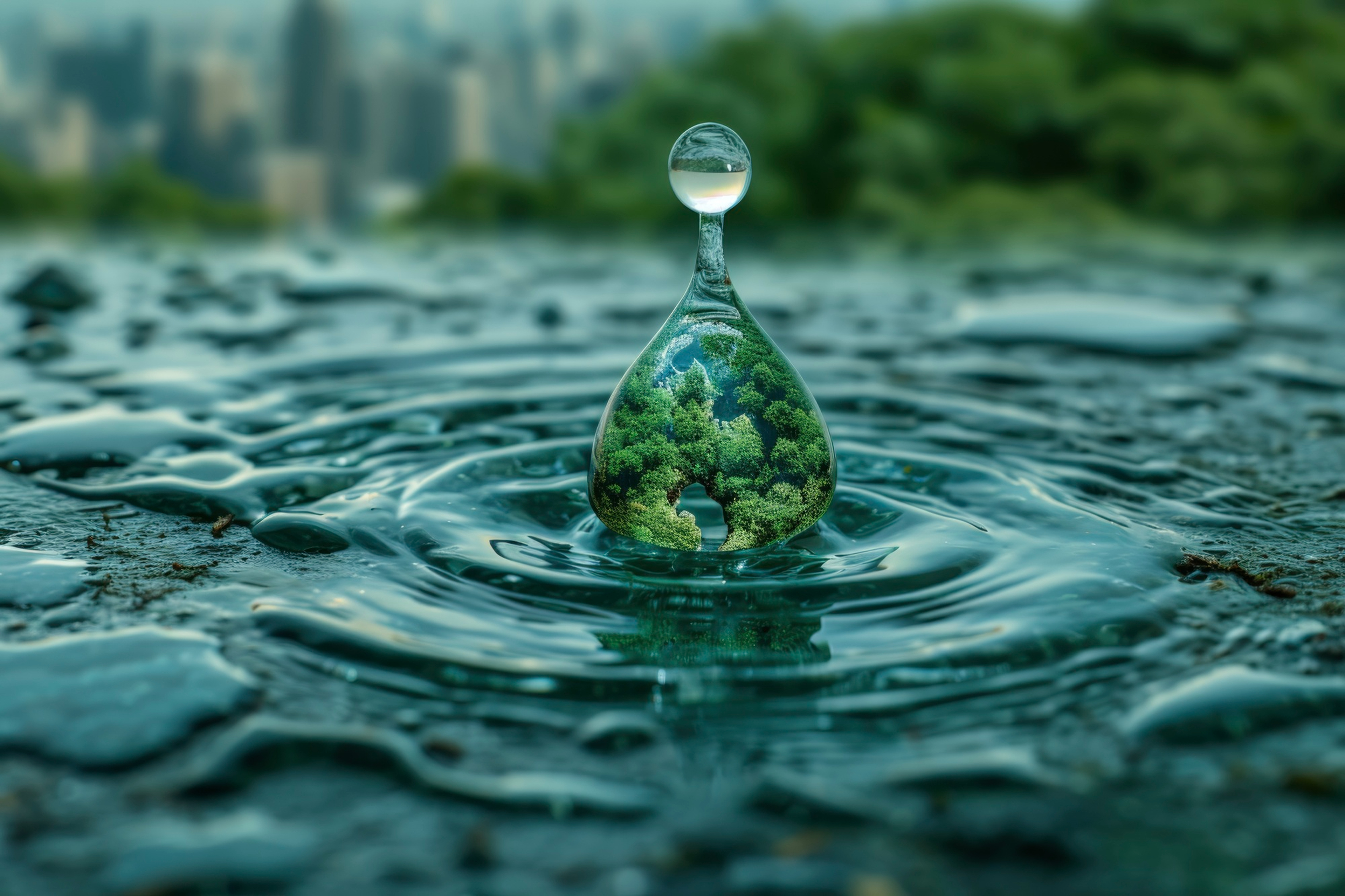 Ein Wassertropfen, in dem sich ein Baum spiegelt, spritzt auf und lässt vor dem Hintergrund einer verschwommenen Stadt- und Waldlandschaft kleine Wellen entstehen.