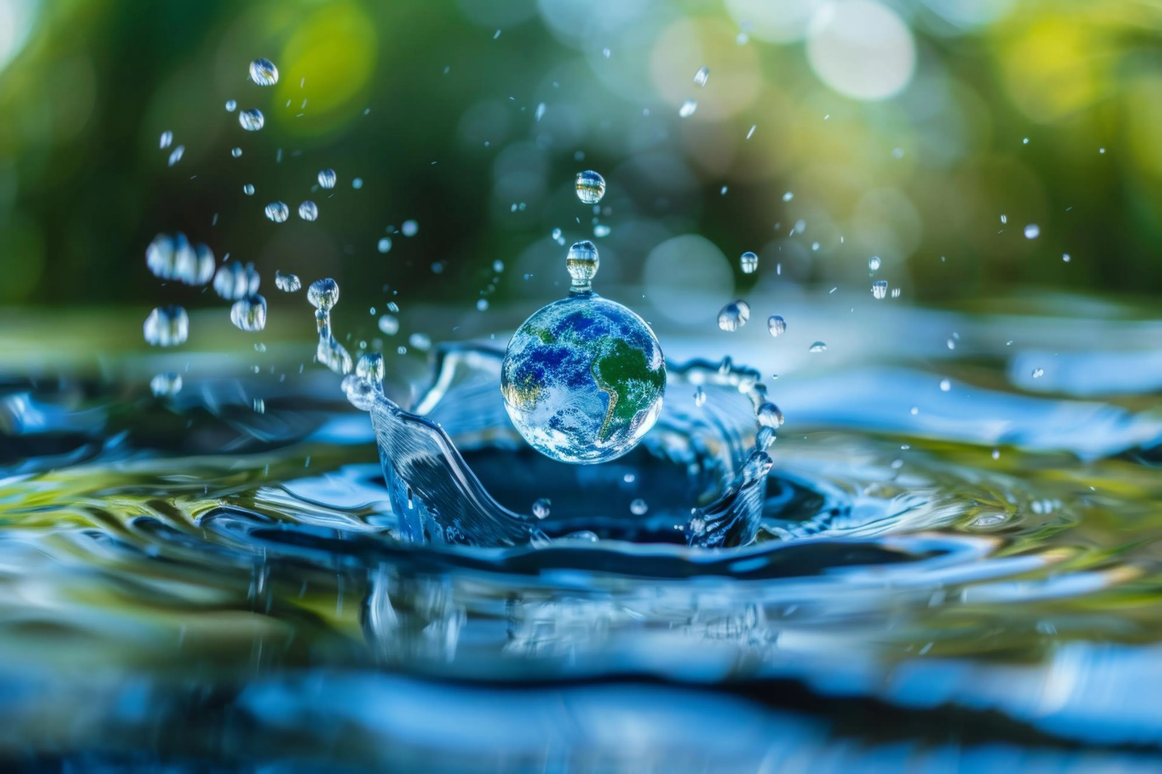 A small Earth globe splashes into a body of water, surrounded by droplets, with a blurred green and blue natural background.